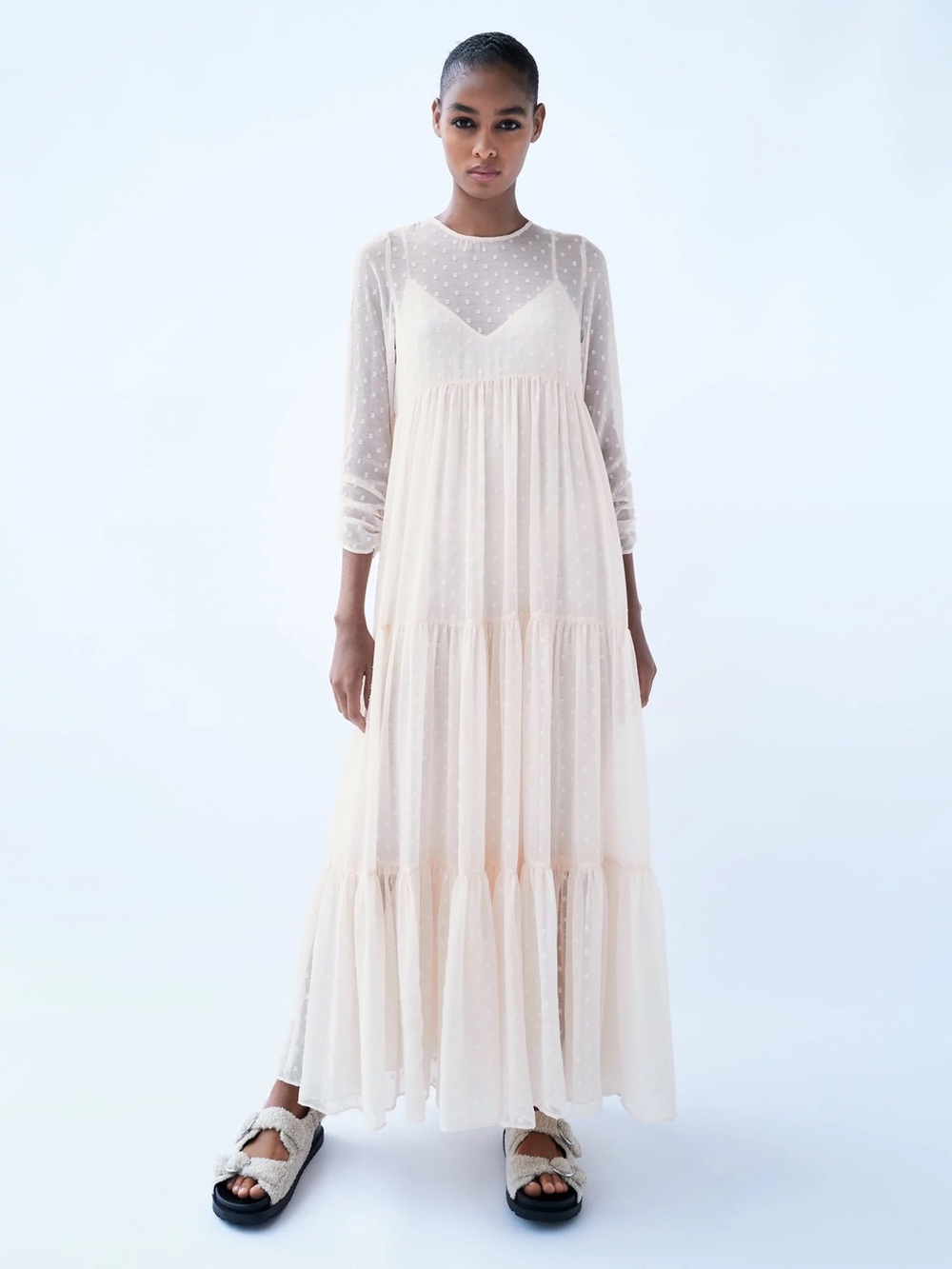 Zara women’s Pale Pink Swiss Dot Ruffle Long Dress